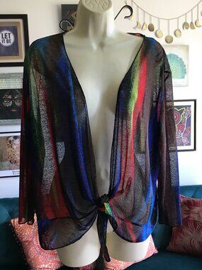 CREATION size XXL Colorful Sheer Printed Mesh Tie Waist Jacket Top Wearable Art